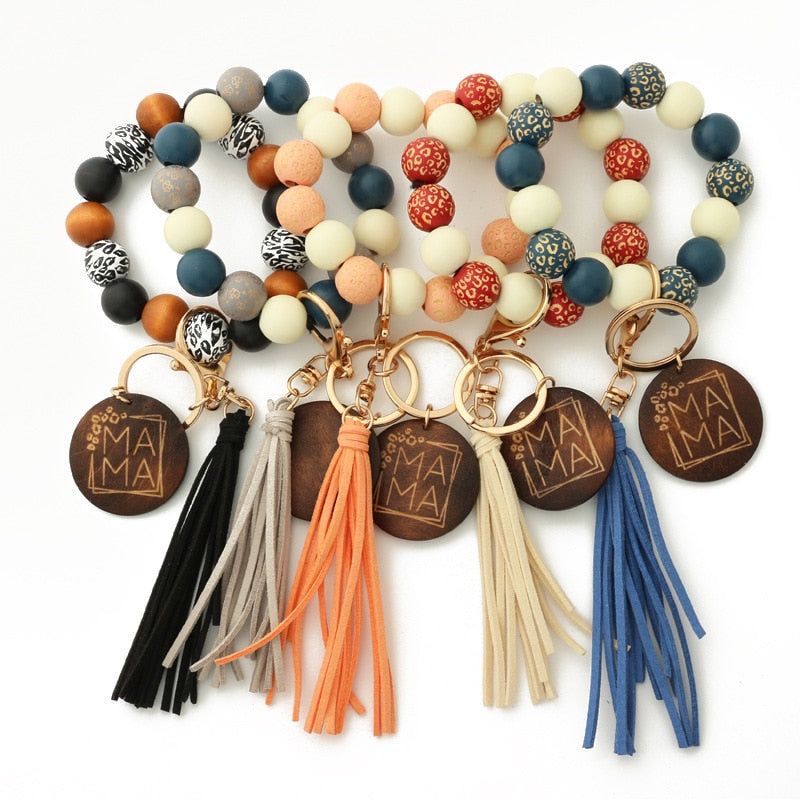 2023 New Leopard Print Wooden Bead Hand Beads Spotted Wooden Bead Bracelet Handmade Tassel Bracelets Keychain