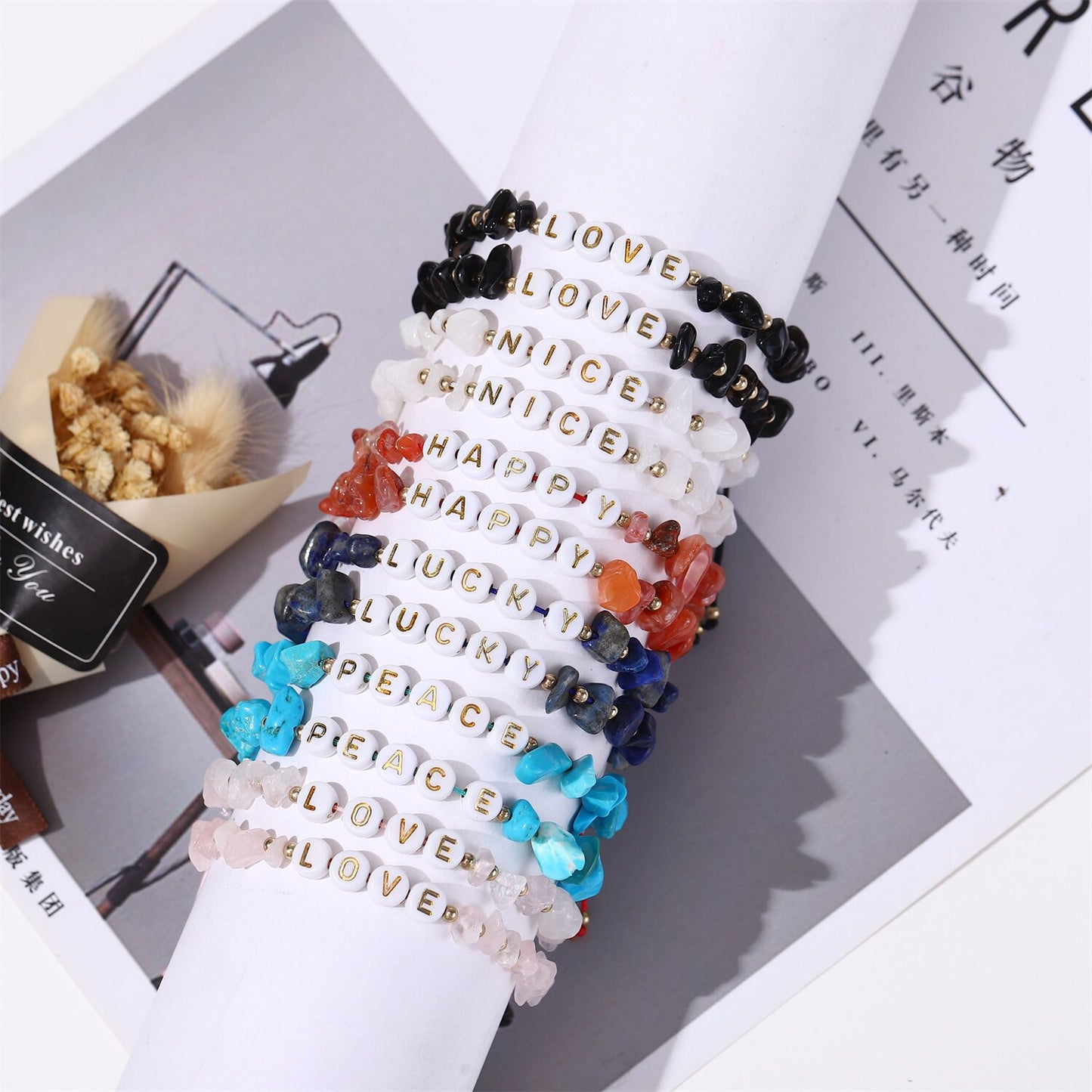 12Pcs Natural Gemstone Bracelets Chakra Crystal Healing Irregular Chips Beads Stretch Bracelets for Women Summer Alphabet Anklet