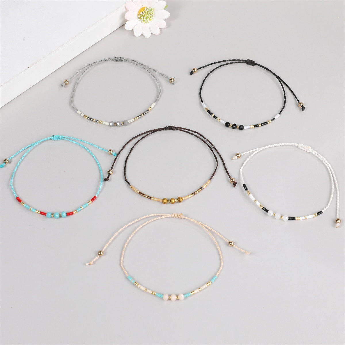 12Pcs Faceted Crystal Seeds Beaded Pearl Braceles Anklets Adjustable Braided Wax Rope Chain Wristband Cuff Boho Jewelry