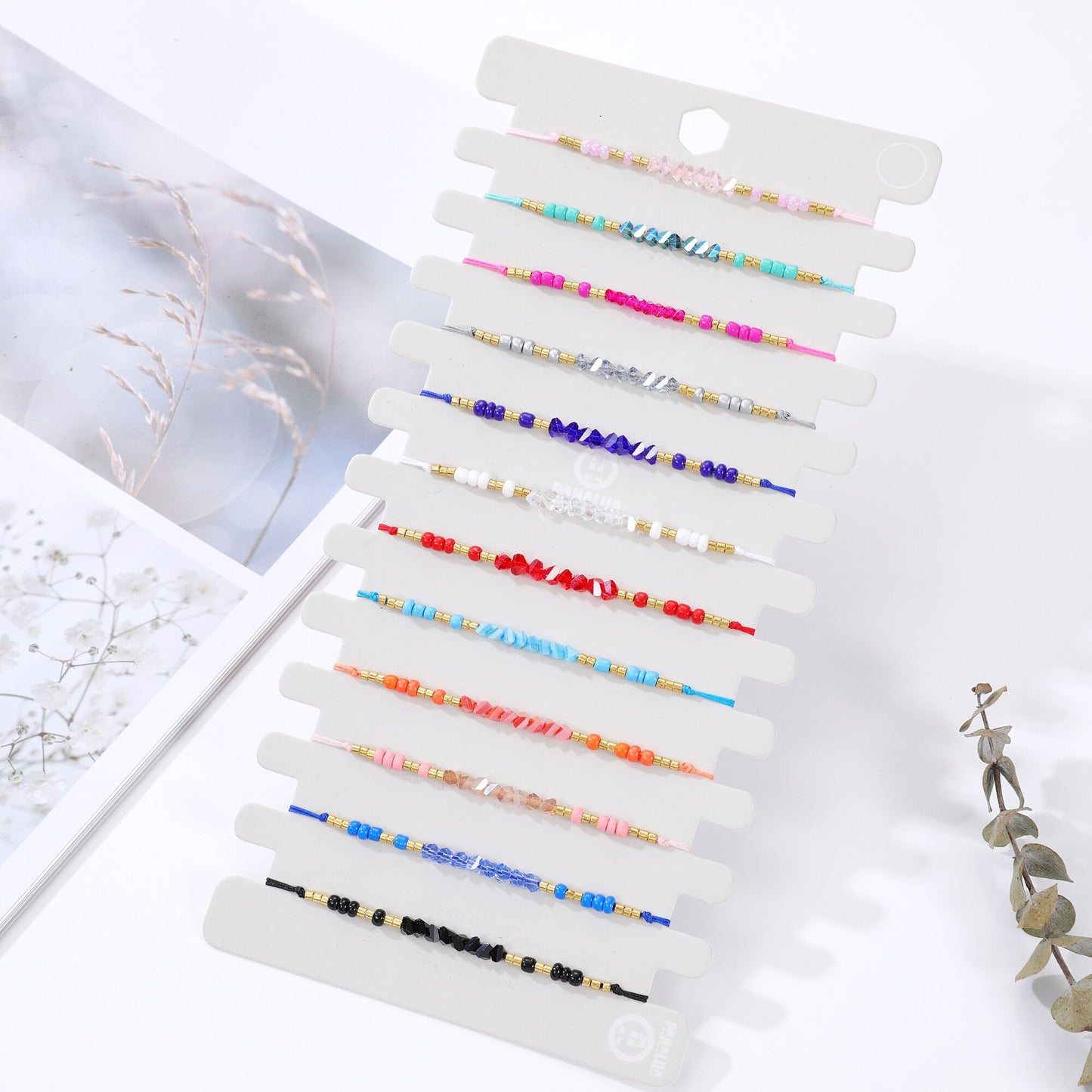 12Pcs Seeds Beads Faceted Crystal Braceles Anklets Adjustable Hand Braided Wax Rope Chain Wristband Cuff Jewelry