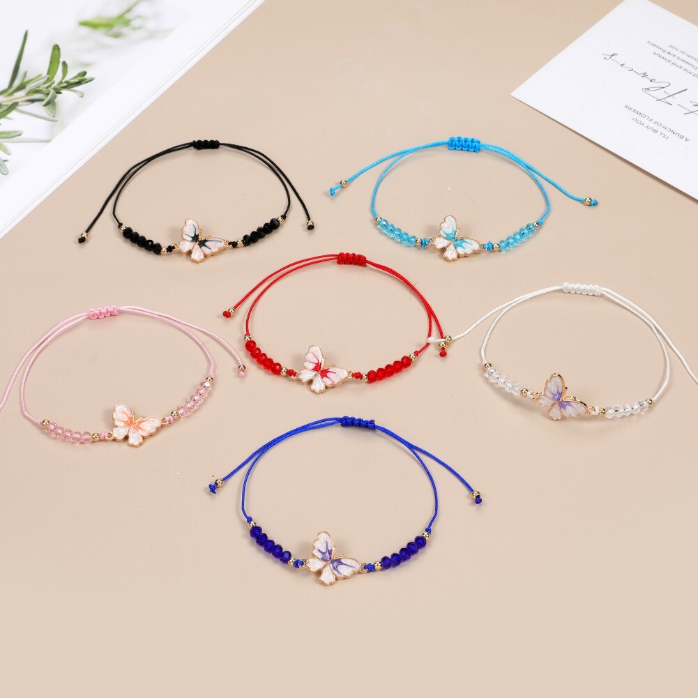12pcs/lot Crystal Rhinestone Beads Butterfly Pendant Charm Bracelet for Women Girls Adjustable Anklets Kids Jewelry