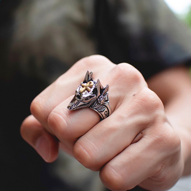Women Men Punk Anubis Egyptian Cross Beast Finger Ring Stainless Steel Vintage Wolf Knuckle Rings Fashion Jewelry Gift Anel