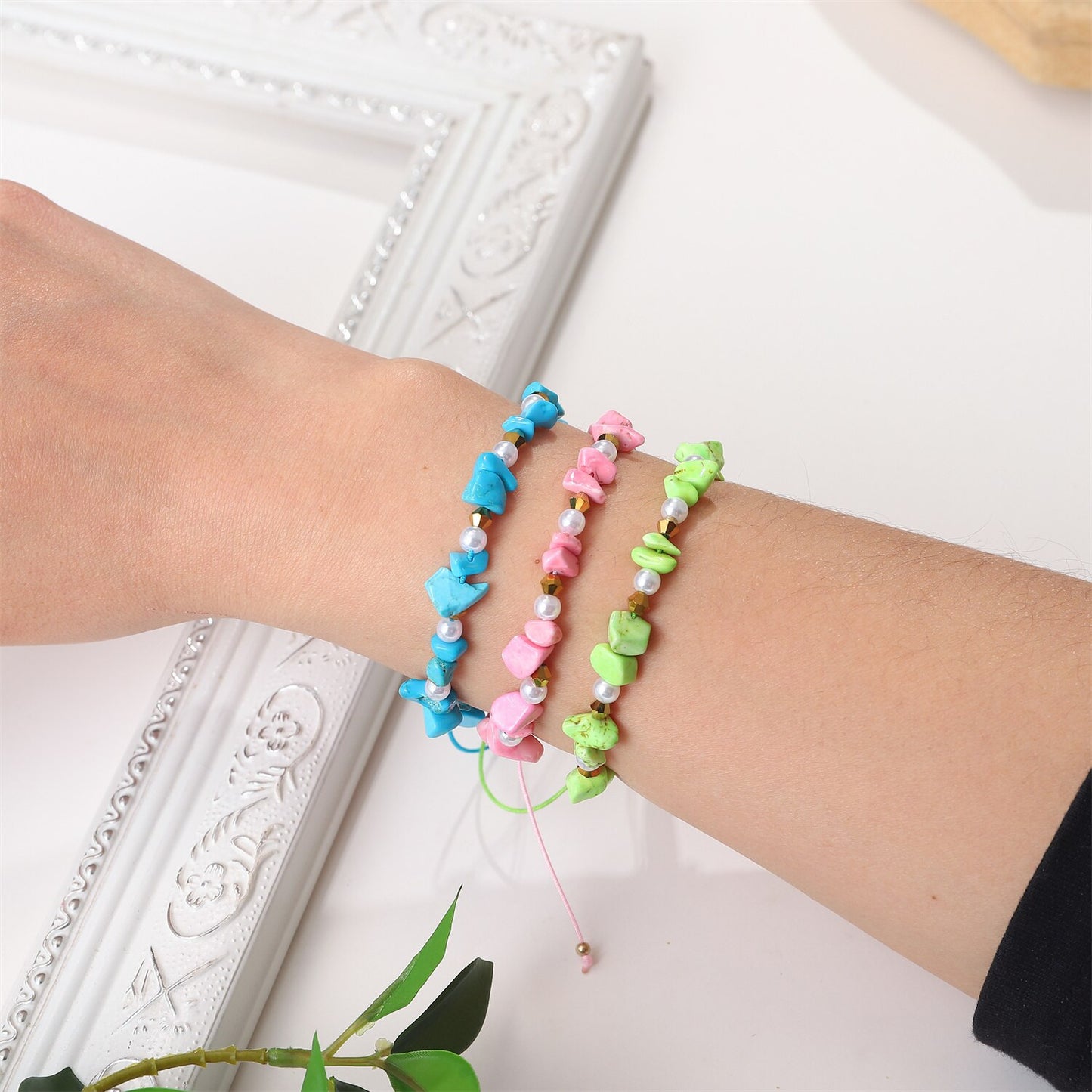 12pcs/lot Women Gravel Bracelet Natural Stone Bracelets&Bangles Braided Adjustable Chain Pearl Anklet Wristband Jewelry