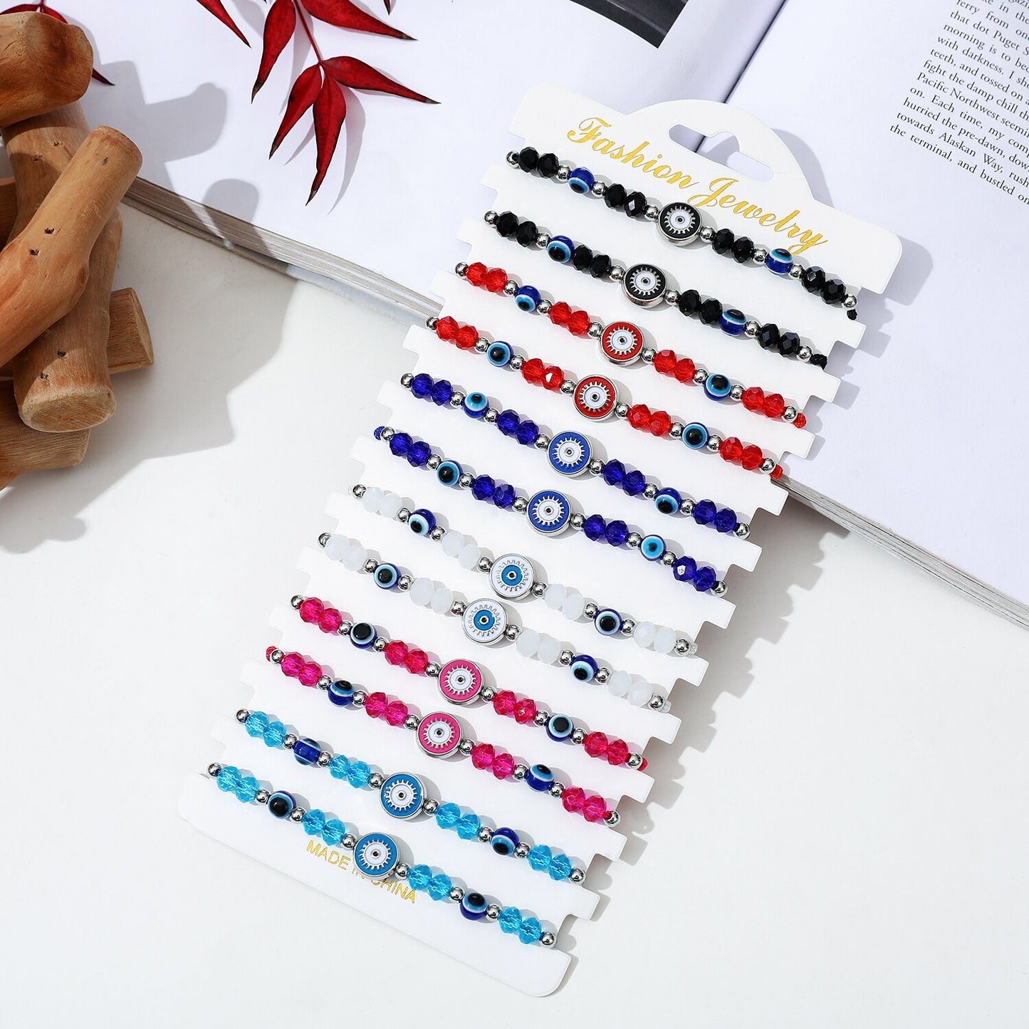 12 Pieces Colorful Crystal Evil Eye Beaded Charms Bracelets for Women Adjustable Beads Anklets Child Girl Wristband Cuff Jewelry