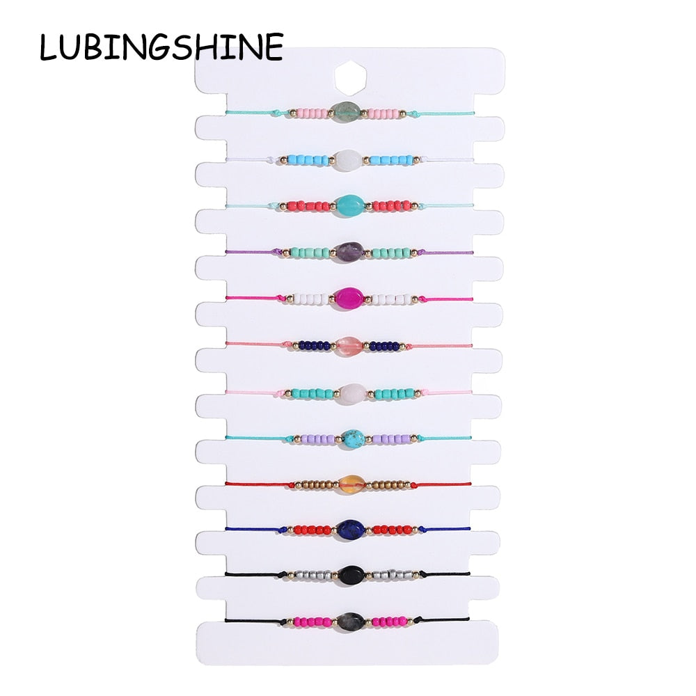 12Pcs/Lot Seed Beads Natural Stone Charms Bracelets Wish Bracelets Adjustable String Wish Bracelets Jewelry Gifts for Girls