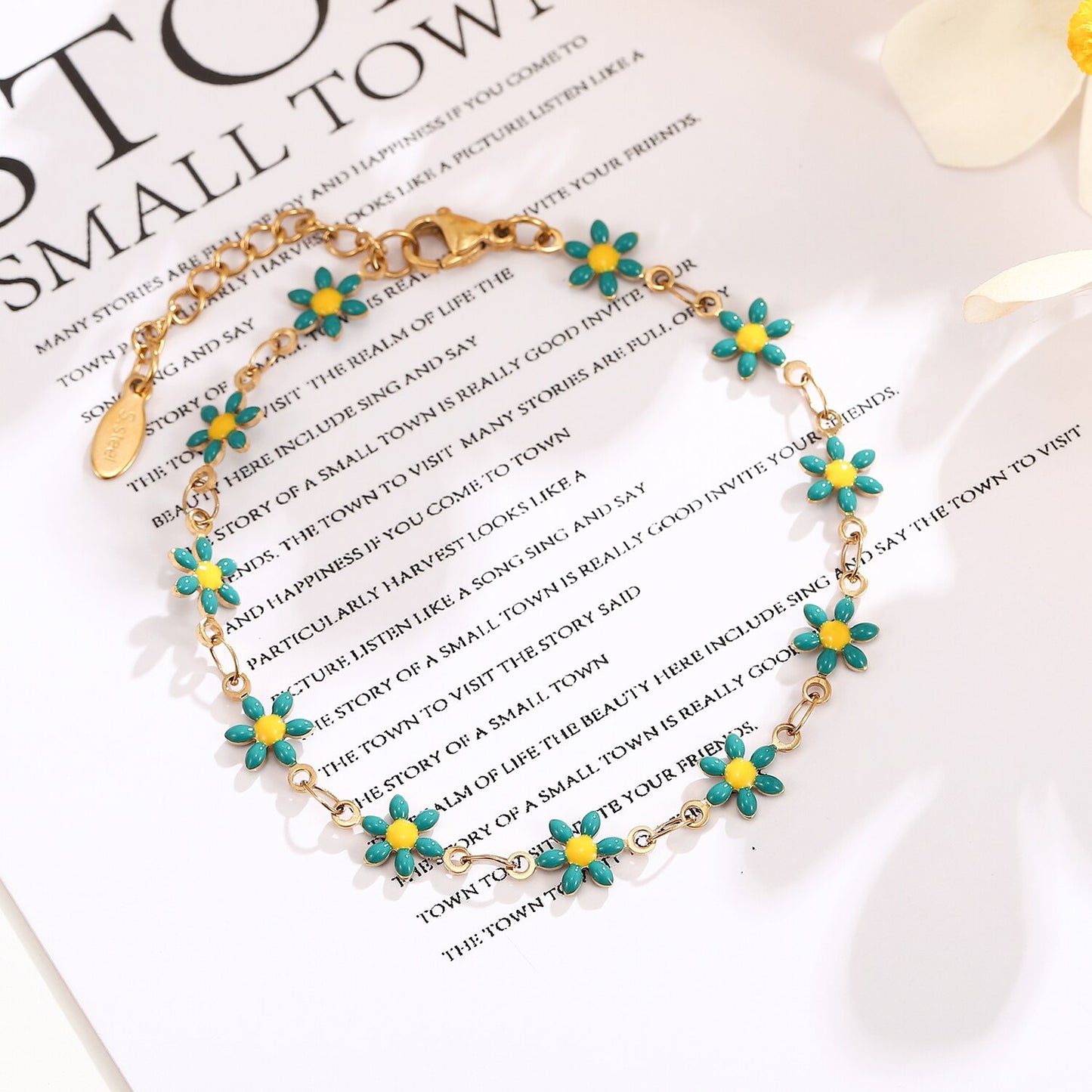 Women Stainless Steel Oil Drip Colorful Sunflower Pendant Bracelet Trendy Steel Titanium Minimalist Flower Bangle Anklet Jewelry