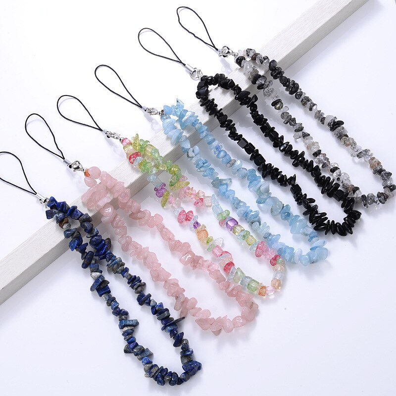 Colored Natural Stone Crushed Quartz Stone Chain Mobile Phone Chain Anti-lost Handmade Acrylic Cord Lanyard for Women Girls