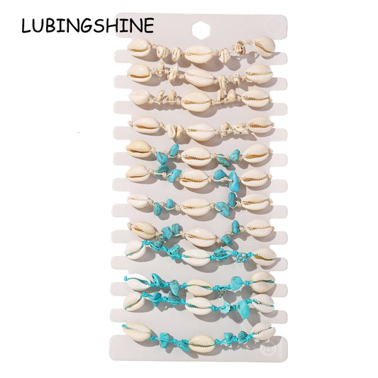 12Pcs/Lot Beach Shell Natural Stone Bracelets Anklets Set for Women Girls Summer Handmade Ankle Adjustable Turquoise Bracelet
