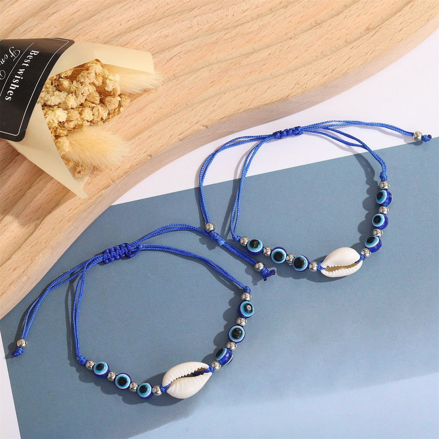 12pc/set Blue Evil Eye Beads Shell Charms Bracelets Men Women Adjustable Ocean Beach Vacation Jewelry Handmade Braided Anklet