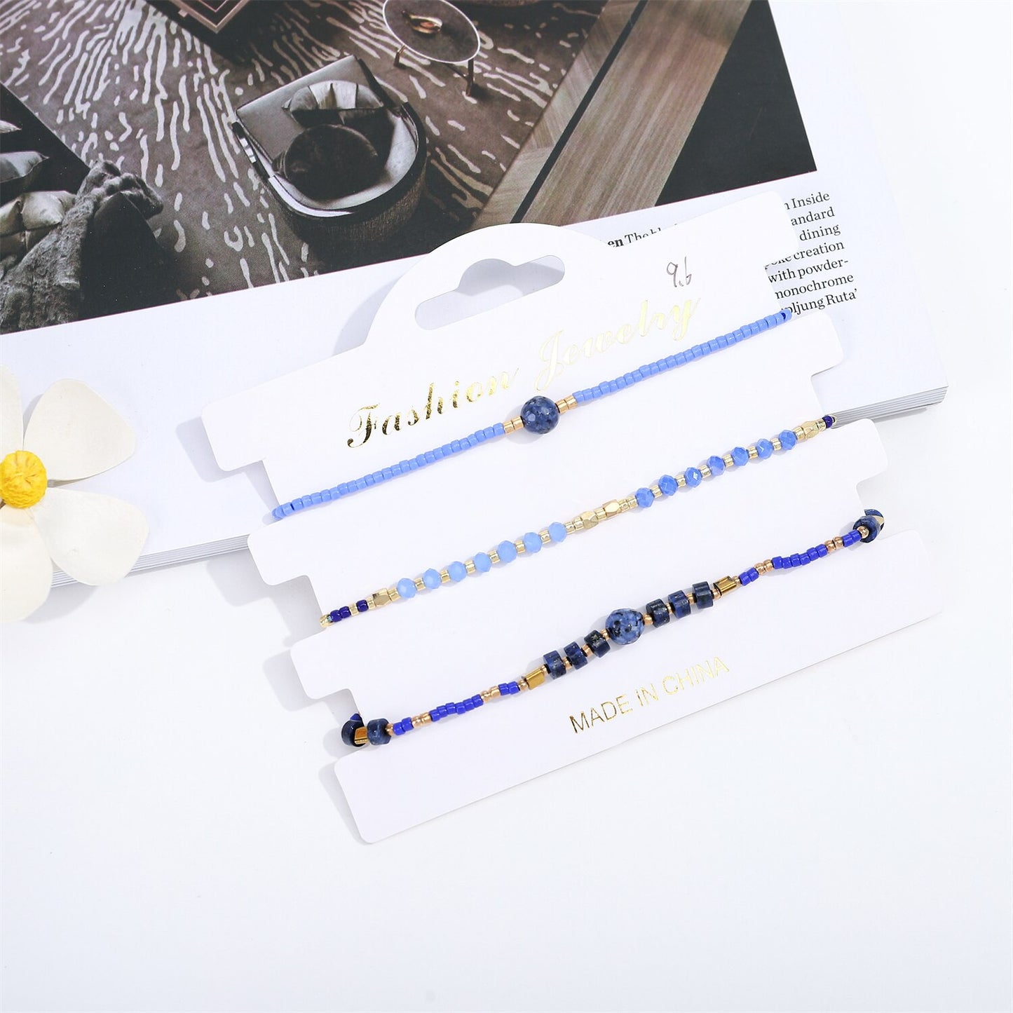 3pcs/lot Natural Stone Beads Charms Bracelet for Women Men Boho Hand Woven Adjustable Wax Rope Chain Anklets Jewelry Gift