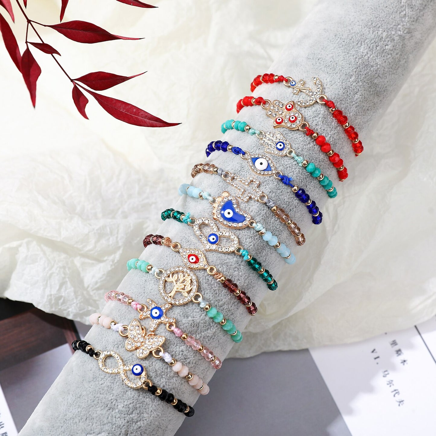 12pcs/lot Cross Knot Charms Knitted Bracelet for Women Adjustable Turkey Blue Evil Eye Crystal Beads Bracelets Anklet Jewelry