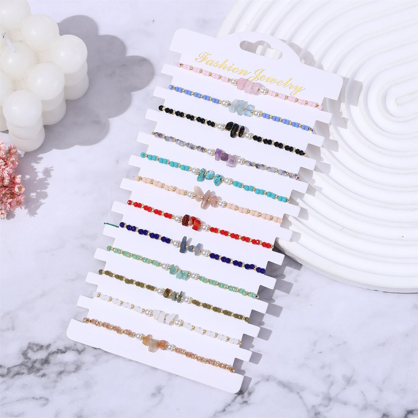 12Pcs Seed Beads Natural Stone Charms Bracelets Adjustable String Wish Bracelets Jewelry Gifts for Girls Wholesale