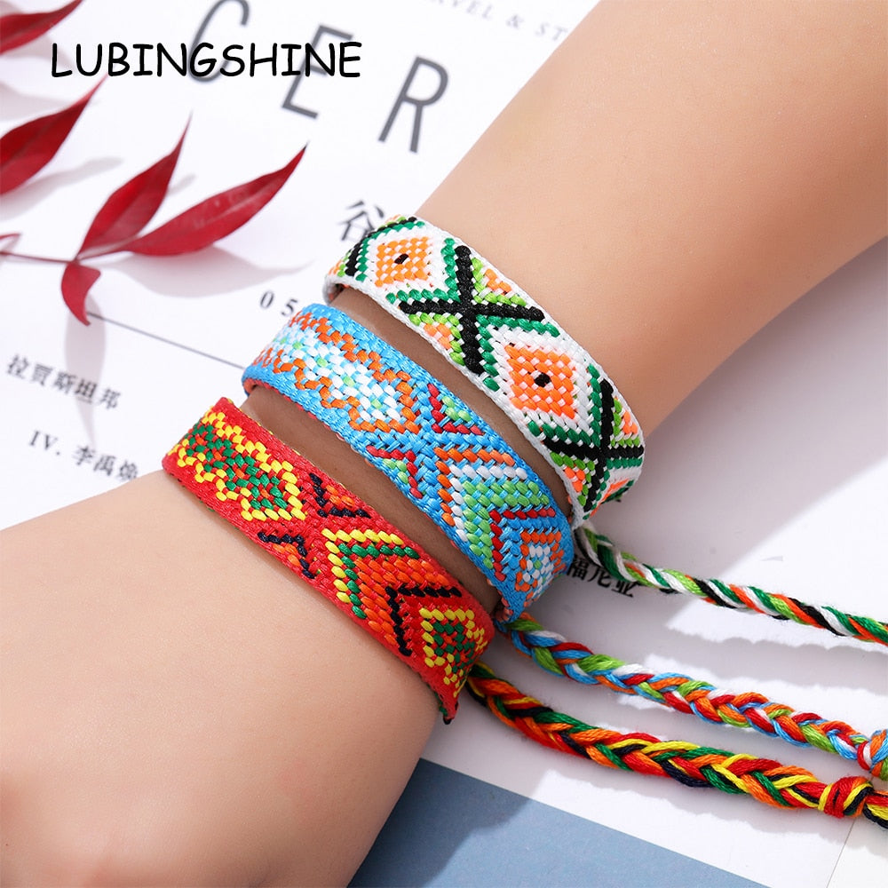 12pcs Boho Multicolor Embroidery String Handwoven Friendship Bracelet for Women Men Wide Cuff Bracelets Anklets Wholesale