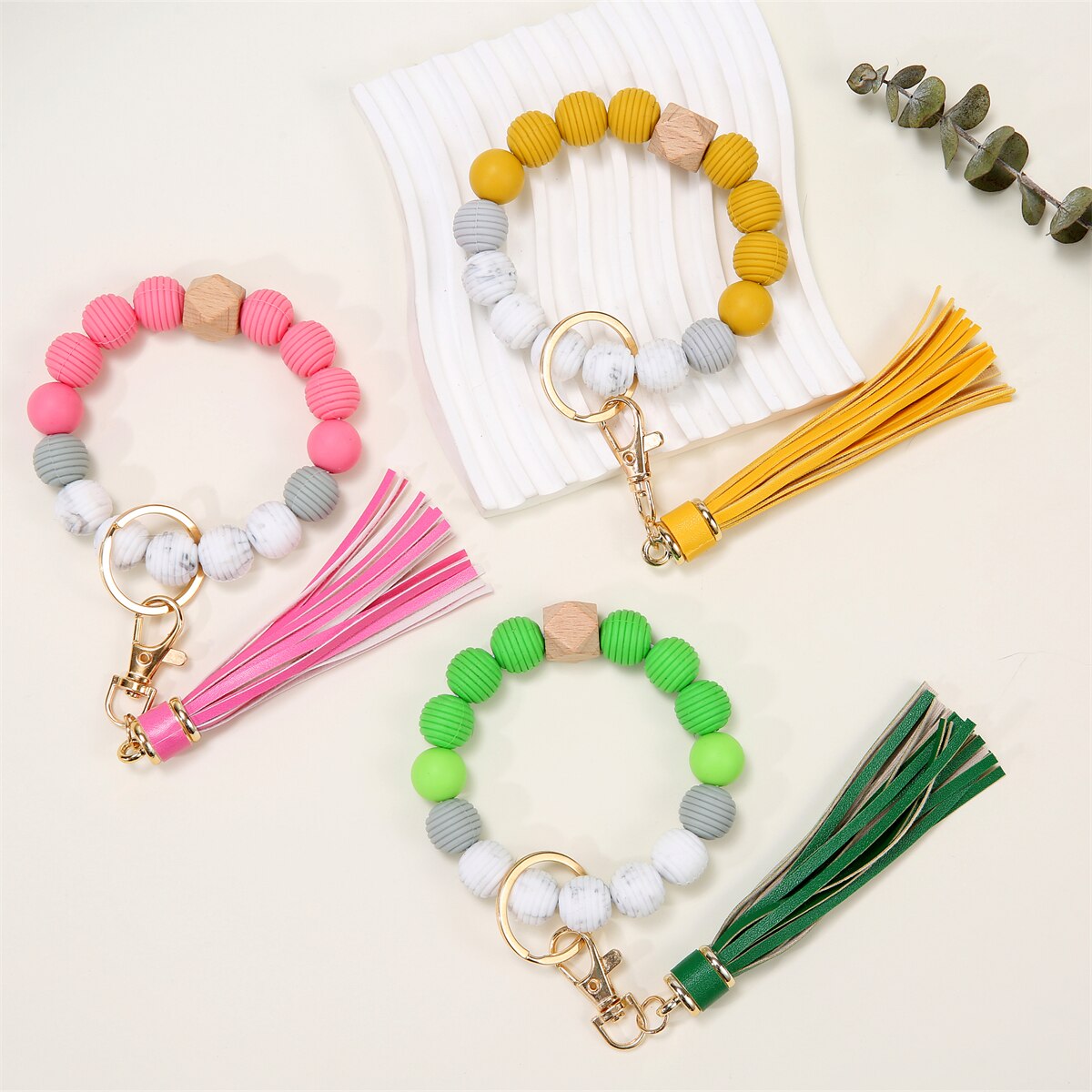 Silicone Key Ring Bracelet Wristlet Keychain Unique Beaded Bangle Key Chains for Women with Leather Tassel
