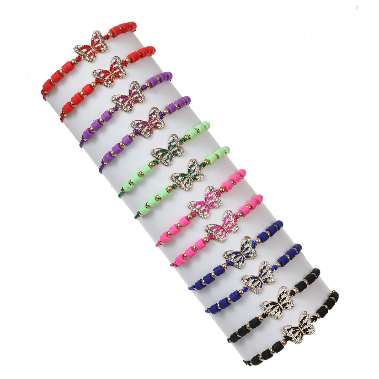 12pcs/lot Butterfly Pendant Braided Bracelets for Women Animal Colored Polymer Clay Adjustable Woven Rope Bohemia Jewelry