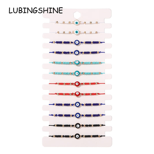12pcs/lot Metal Dripping Oil Evil Eye Beads Charms Bracelet for Women Adjustable Woven Crystal Chain Summer Anklet Jewelry
