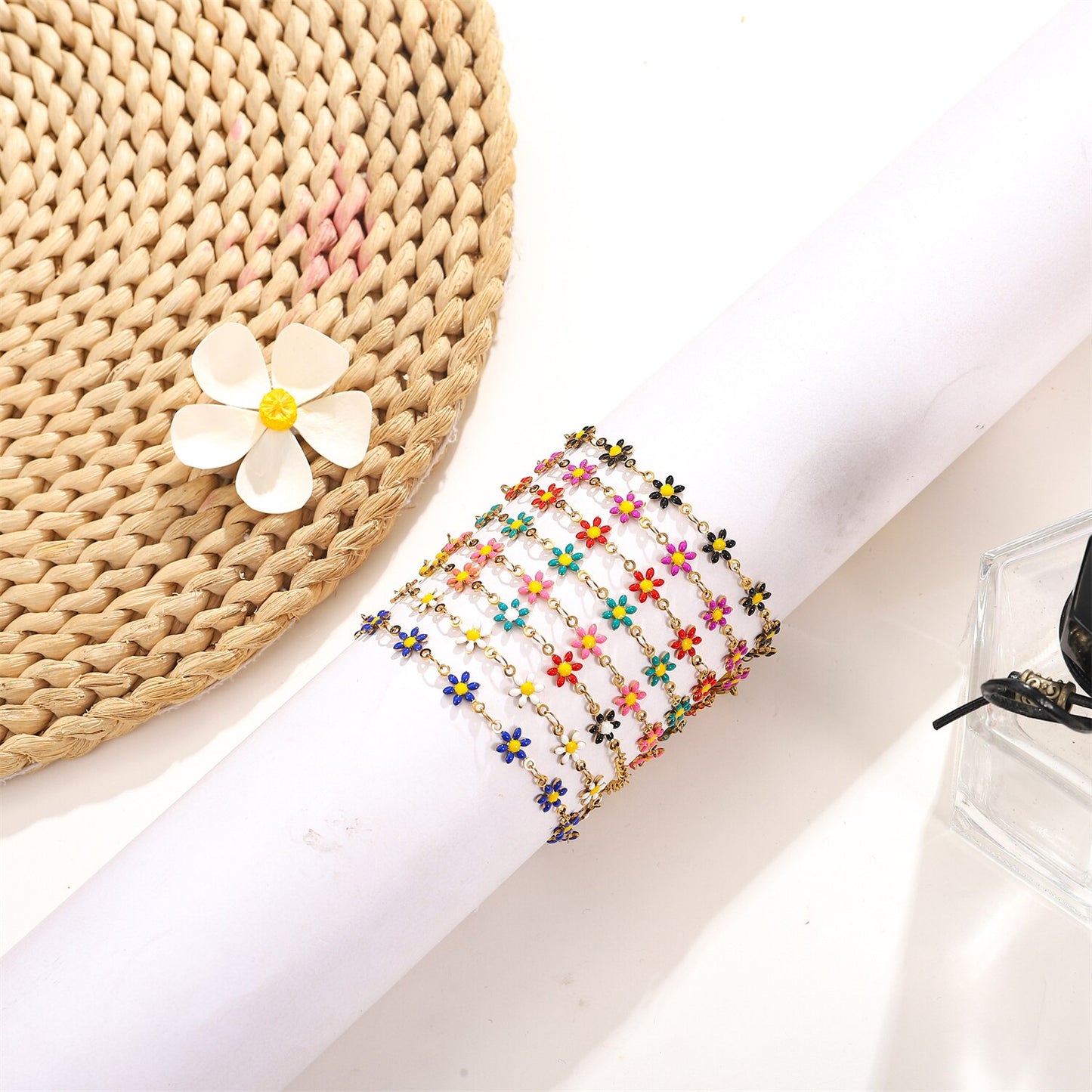 Women Stainless Steel Oil Drip Colorful Sunflower Pendant Bracelet Trendy Steel Titanium Minimalist Flower Bangle Anklet Jewelry