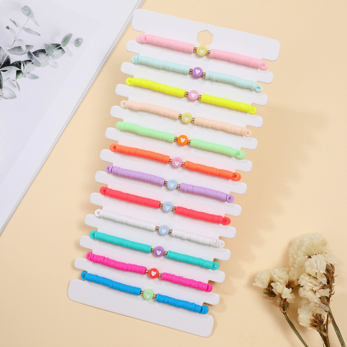 12pcs Colorful Polymer Clay Piece Chain Bracelet for Women Girls Heart Pendant Anklet Kids Jewelry Gift