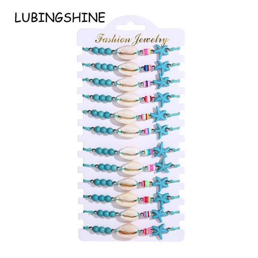 12pcs/lot Green Natural Stone Beads Bracelet for women Men Yoga Jewelry Starfish Shell Bracelet Accessories Wholesale