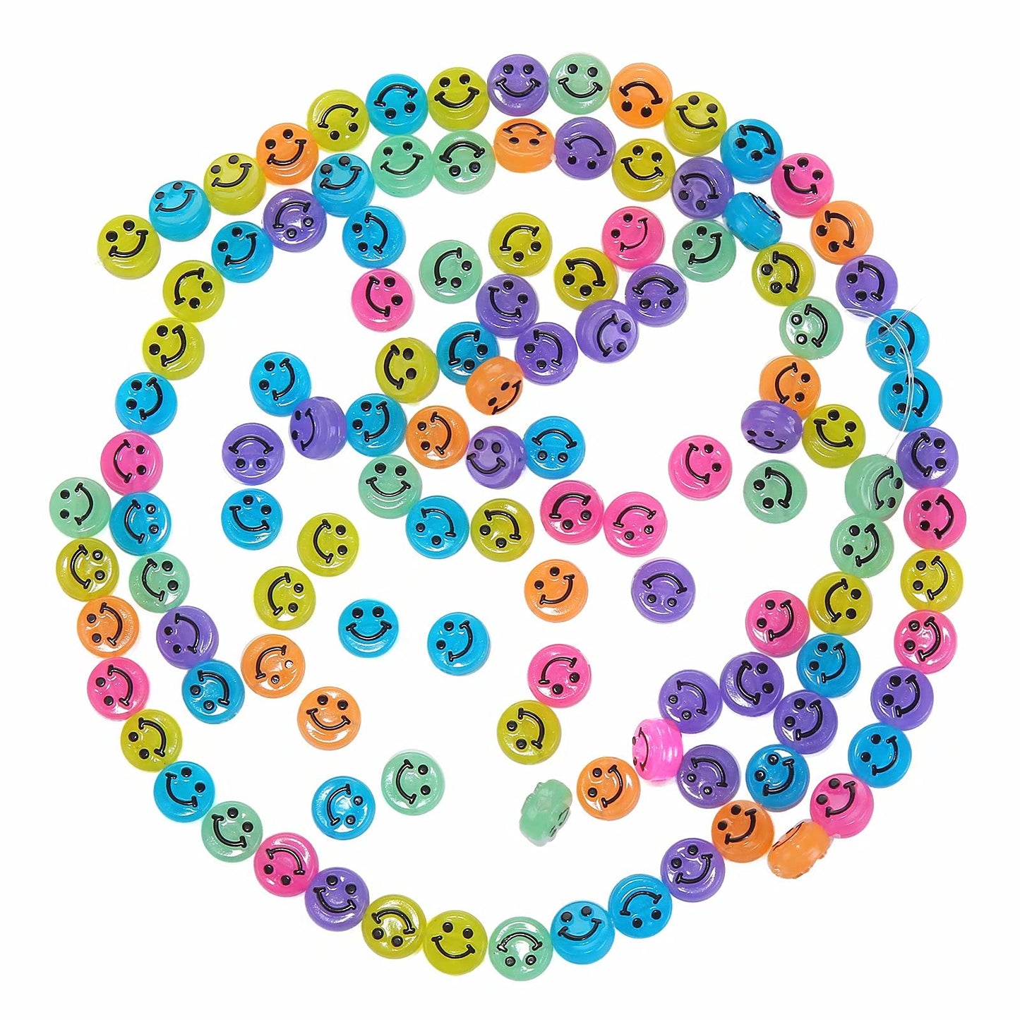 50pcs Glowing Solar Luminous Smiley Face Beads Mixed Acrylic Glow In The Dark Happy Face Beads Charms with Rope for DIY Jewelry