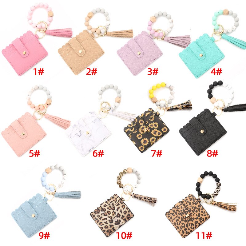 Fashion Silicone Beads Tassel Bracelet Wristlet Bangle with Wallet Key Card Holder Large Round Keyring for Women Handbag