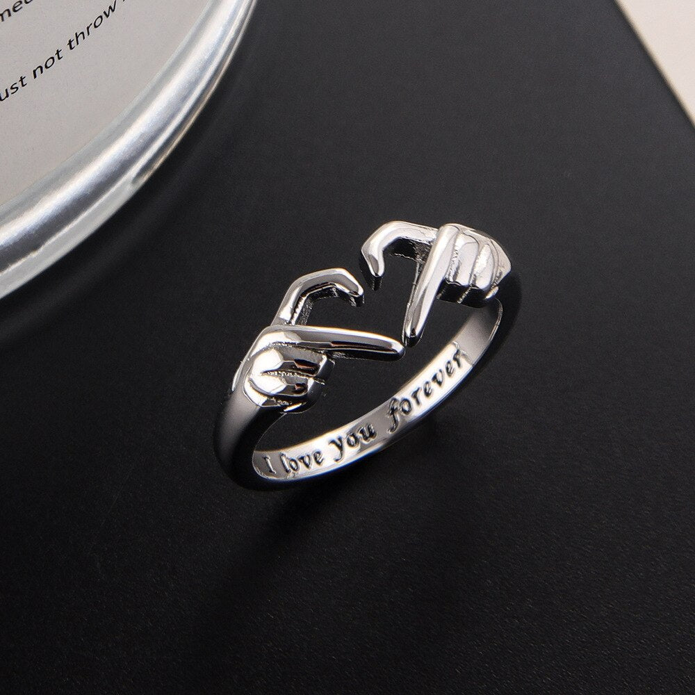 Fashion Double Hand Heart Ring Love Hug Hand Couple Ring I Love You Forever Open Ring for Women Daughter Hand Ring Jewelry