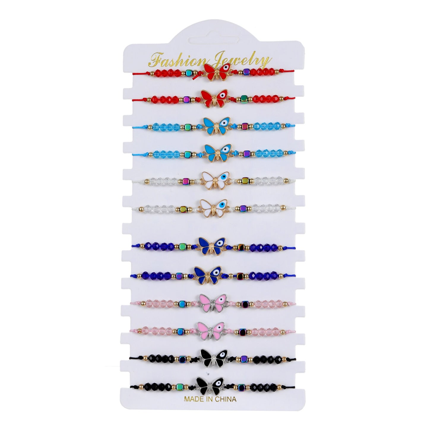 12pcs/lot Butterfly Evil Eye Braided Bracelets for Women Girls Animal Rhinestone Beads Adjustable Woven Rope Bracelet Jewelry