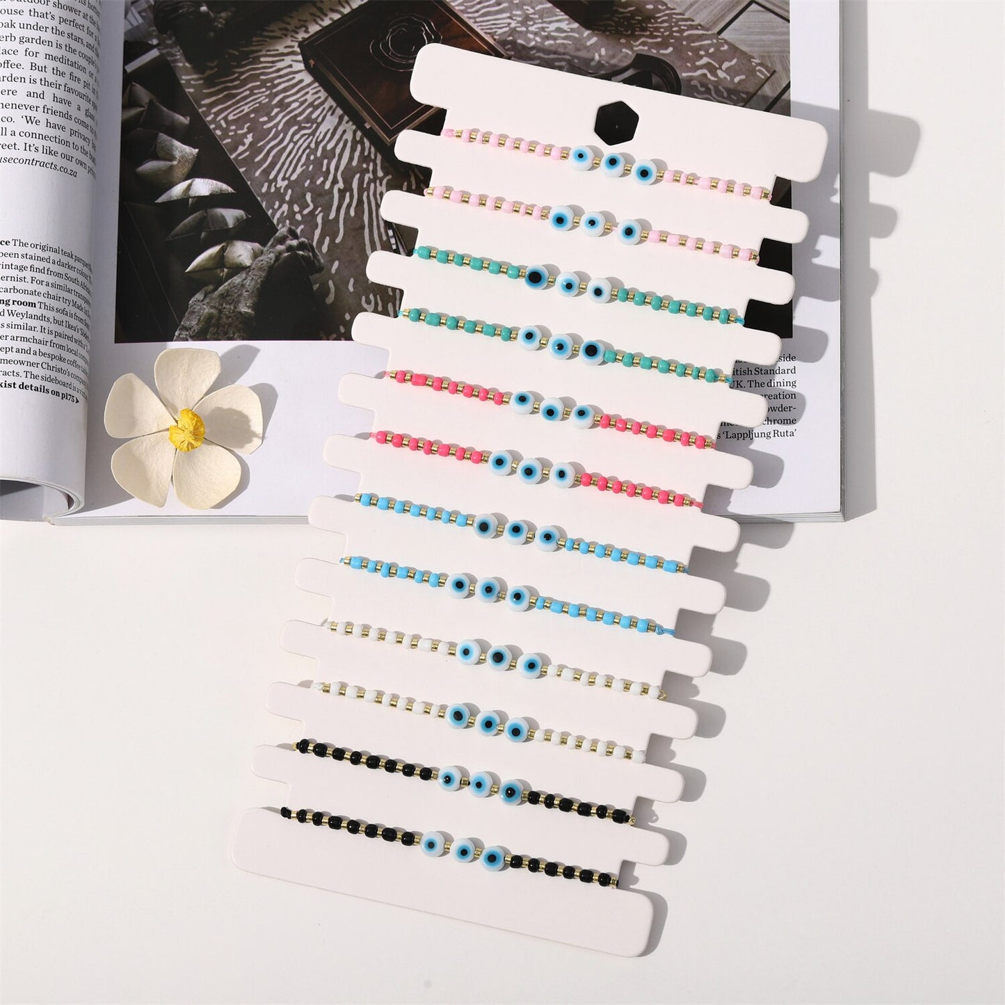 Boho 12pcs/lot Evil Eye Resin Beads Bracelet for Women Adjustable Woven Crystal Chain Summer Anklet Jewelry Wholesale