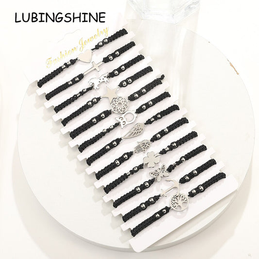 12pcs/lot Star Unicorn Heart Charms Bracelet Set for Woman Braided Adjustable Black Braided Wristband Cuff Jewelry Wholesale