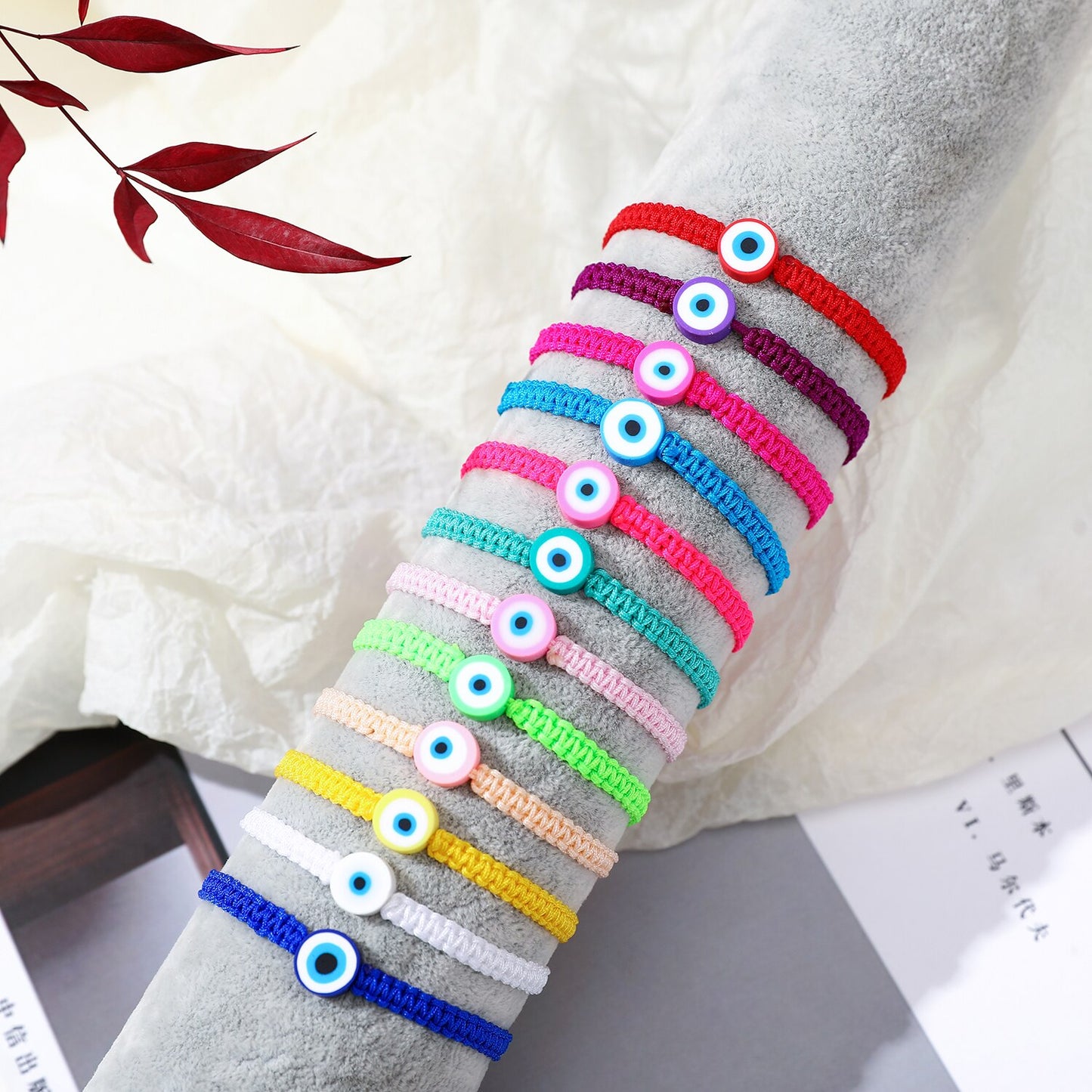 12pcs Polymer Clay Beads Bracelet for Women Evil Eye Pendant Surfer Rainbow Bracelets Set for Summer Rubber Stretch Bracelets