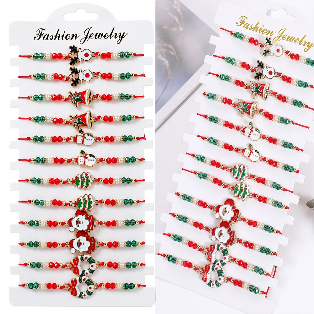 12pcs Festival Christmas Bracelets Imitation Pearl Santa Claus Xmas Tree Pendant Party Jewelry Gifts for Girls Kids Adult