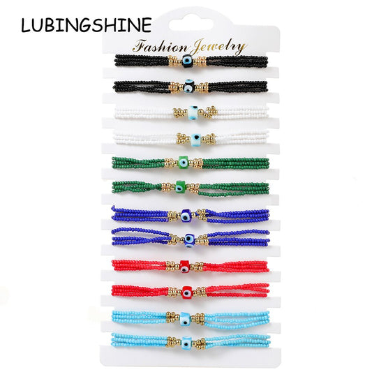 12Pcs Evil Eye Charm Bracelet Unisex Multilayer Rice Beads Braided Rope Charm Friendship Bracelet Jewelry Gift Wholesale