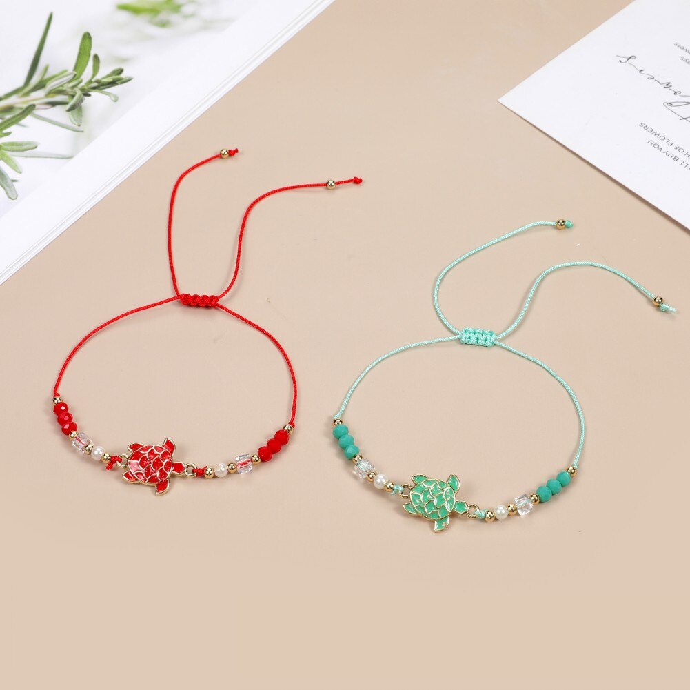 12pcs Bohemian Crystal Beaded Turtle Charms Bracelet  Adjustable Rope Chain Bracelet for Women Girls Cuff Jewelry