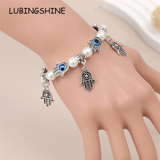 Fashion Blue Turkey Evil Eye Fatima Hand Beaded Charms Bracele for Women Men Pearls Chain Elastic Yoga Party Jewelry