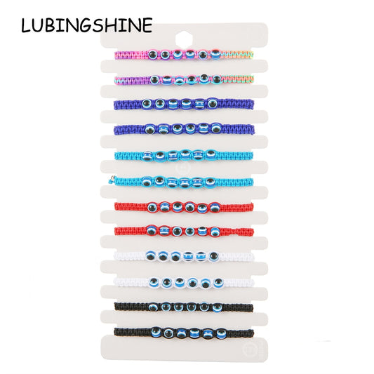 12pcs/lot Turkey Evil Eye Bracelet for Women Men Round Beads Evil Eye Wax Rope Braided Anklet Fashion Friendship Jewelry