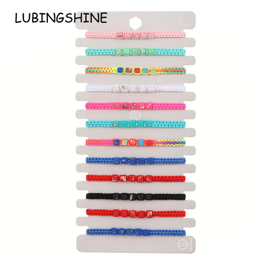 Boho 12pcs Small Square Natural Stone Pendant Bracelet String Handwoven Friendship Bracelet Charm Bracelet Bangles Jewelry