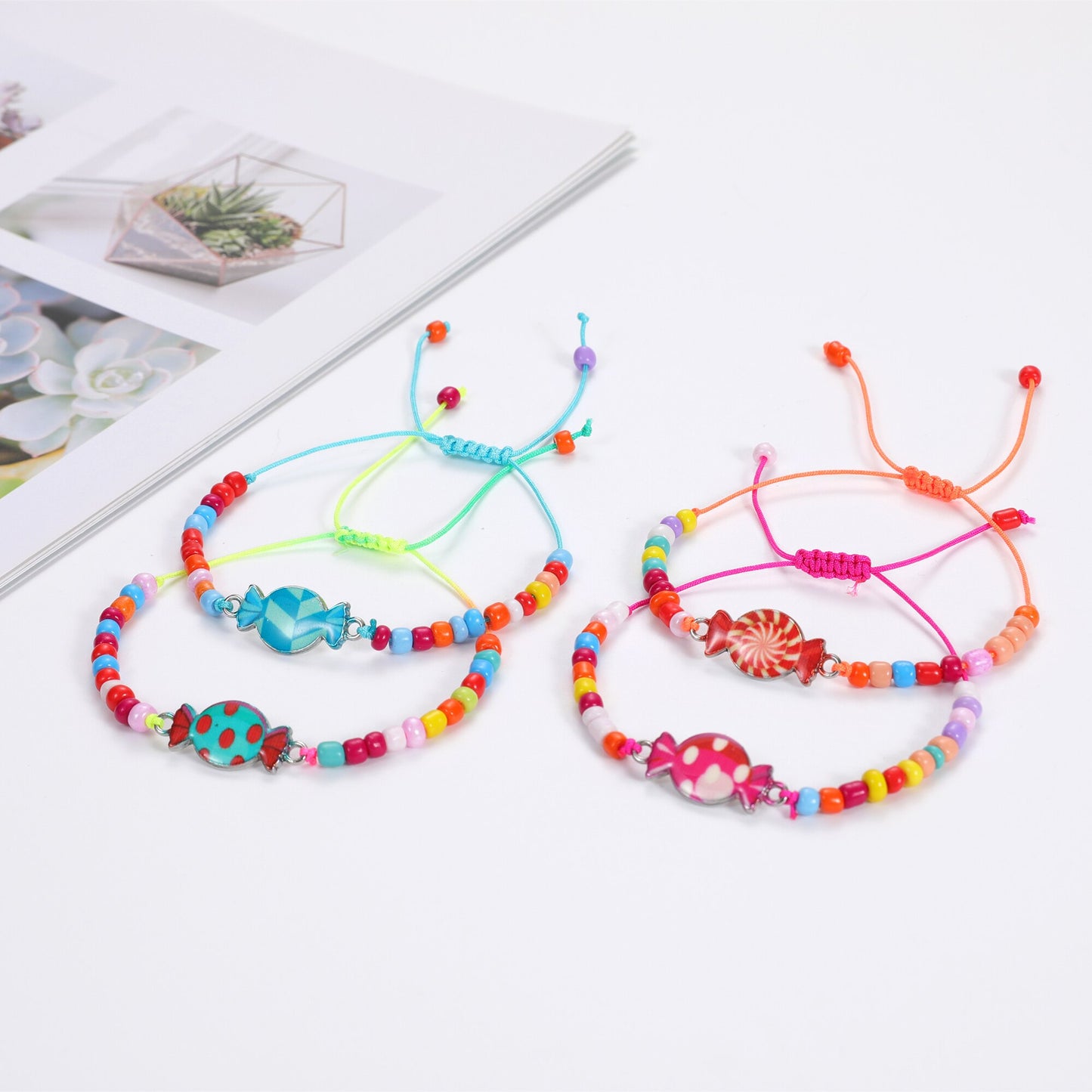 12 Pcs Colorful Cute Candy Charm Bracelet for Girl Kids Handmade Rice Bead Braided Chain Friendship BFF Gifts