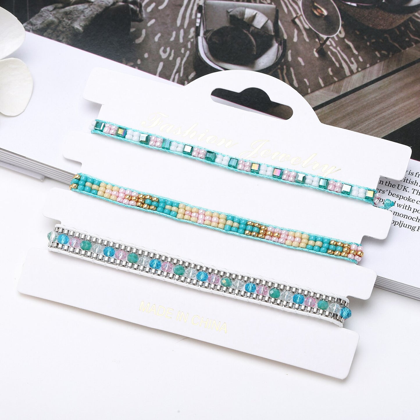 3pcs Woven Friendship Bracelets Handmade Braided Chain Ankles for Women Men Beach Crystal Beads Wrap Bracelet Adjustable Jewelry