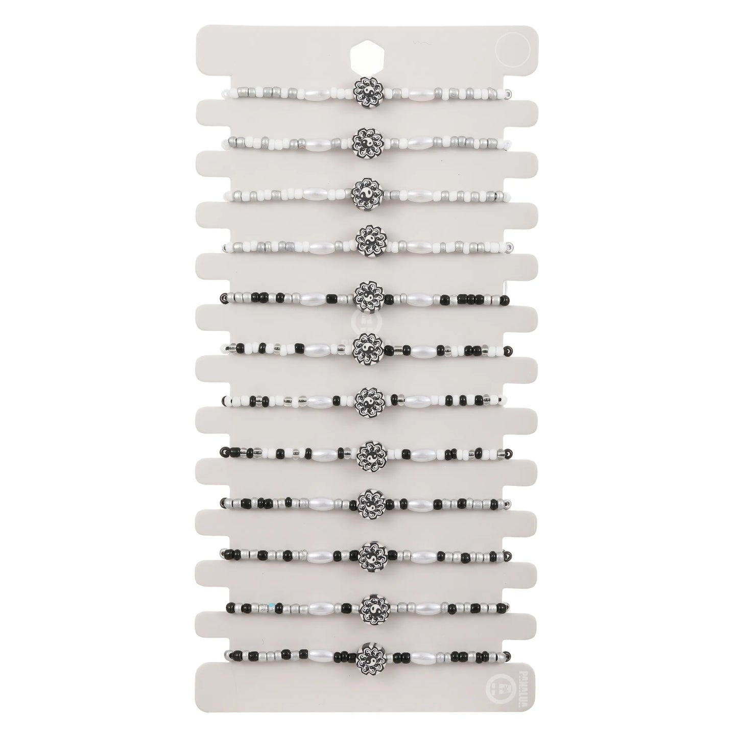 12pcs Crystal Beaded Yin and Yang Tai Chi Pendant Flowers Bracelet for Men Women Adjustable Couple Bracelets Anklets