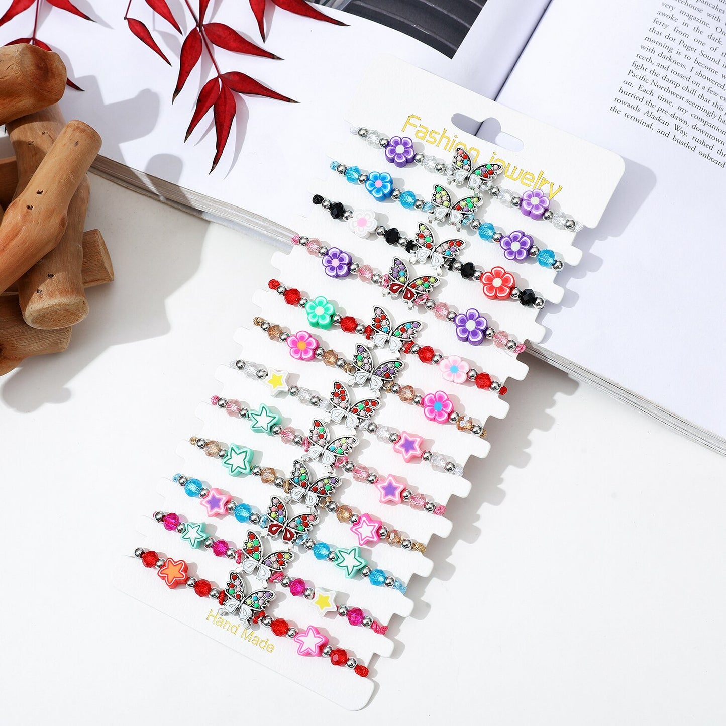 12pcs/lot Women Butterfly Flower Pendant Crystal Bead Charms Bracelets Set Child Braided Adjustable Rope Chain Anklet Jewelry