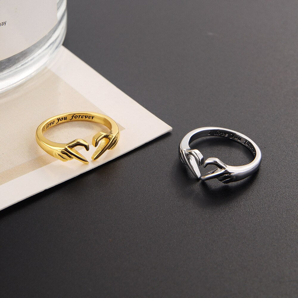 Fashion Double Hand Heart Ring Love Hug Hand Couple Ring I Love You Forever Open Ring for Women Daughter Hand Ring Jewelry