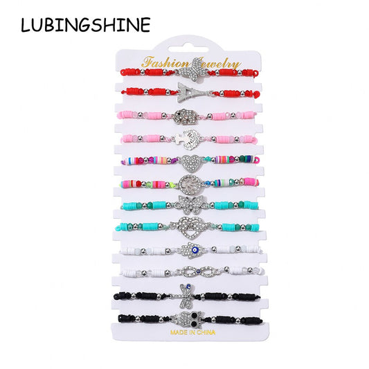 12pcs/Sets Butterfly Owl Animal Pendant Braided Bracelets for Women Child Soft Clay Adjustable Charms Rope Chain Anklets Jewelry