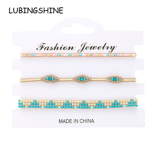 3pcs/set Stackable Crystal Beads Charms Bracelets for Women Handmade Adjustable Braided Beach Surfer Bracelets Couple Jewelry