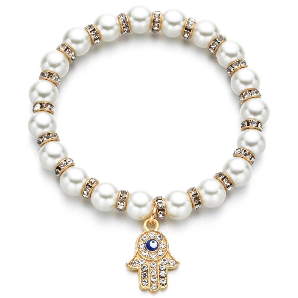 Fashion Pearl Chain Evil Eye Fatima Hand Beads Bracelet for Women Adjustable Heart Tree of Life Pendant Bangle Men Jewelry