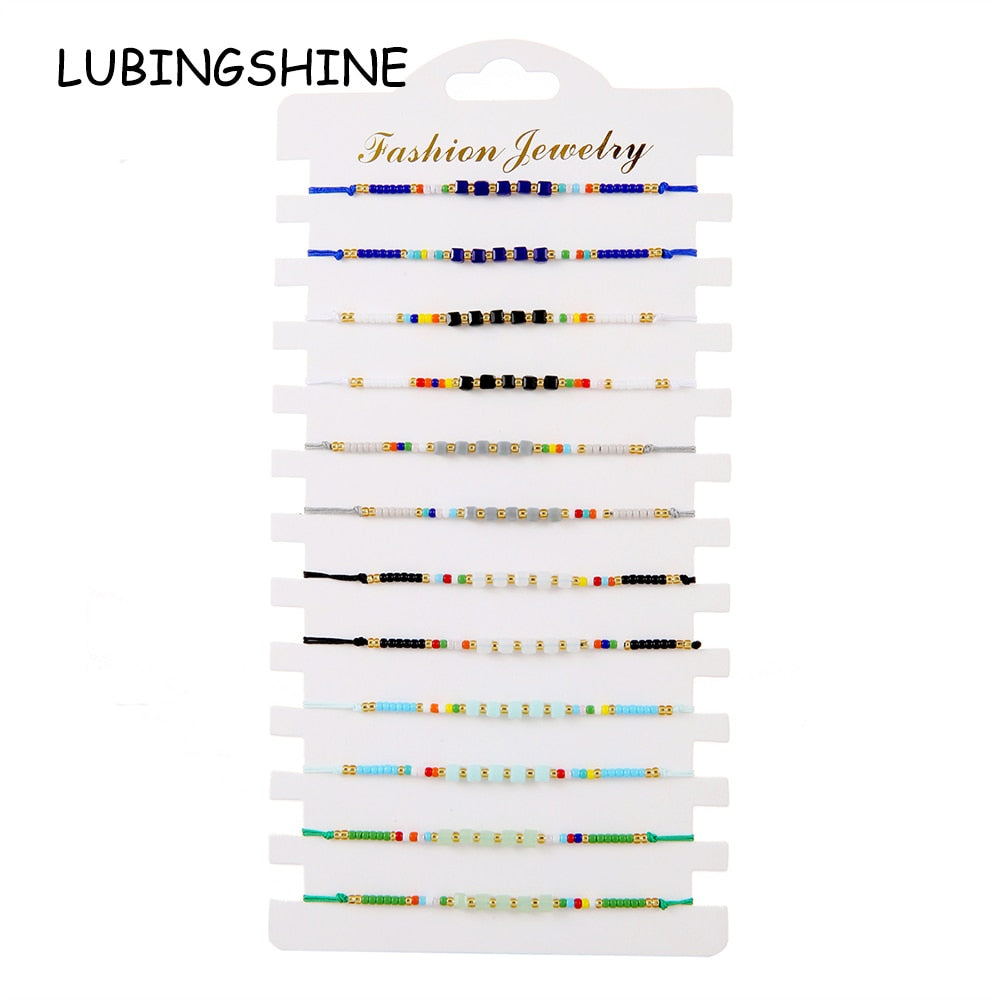 12pcs Colorful Japanese Rice Beads Square Crystal Braided Bracelet Set for Women Hand Braided Rope Chain Jewelry