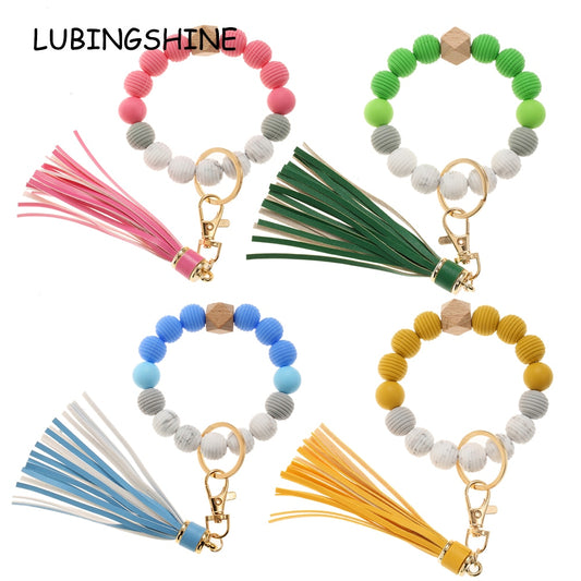 Silicone Key Ring Bracelet Wristlet Keychain Unique Beaded Bangle Key Chains for Women with Leather Tassel