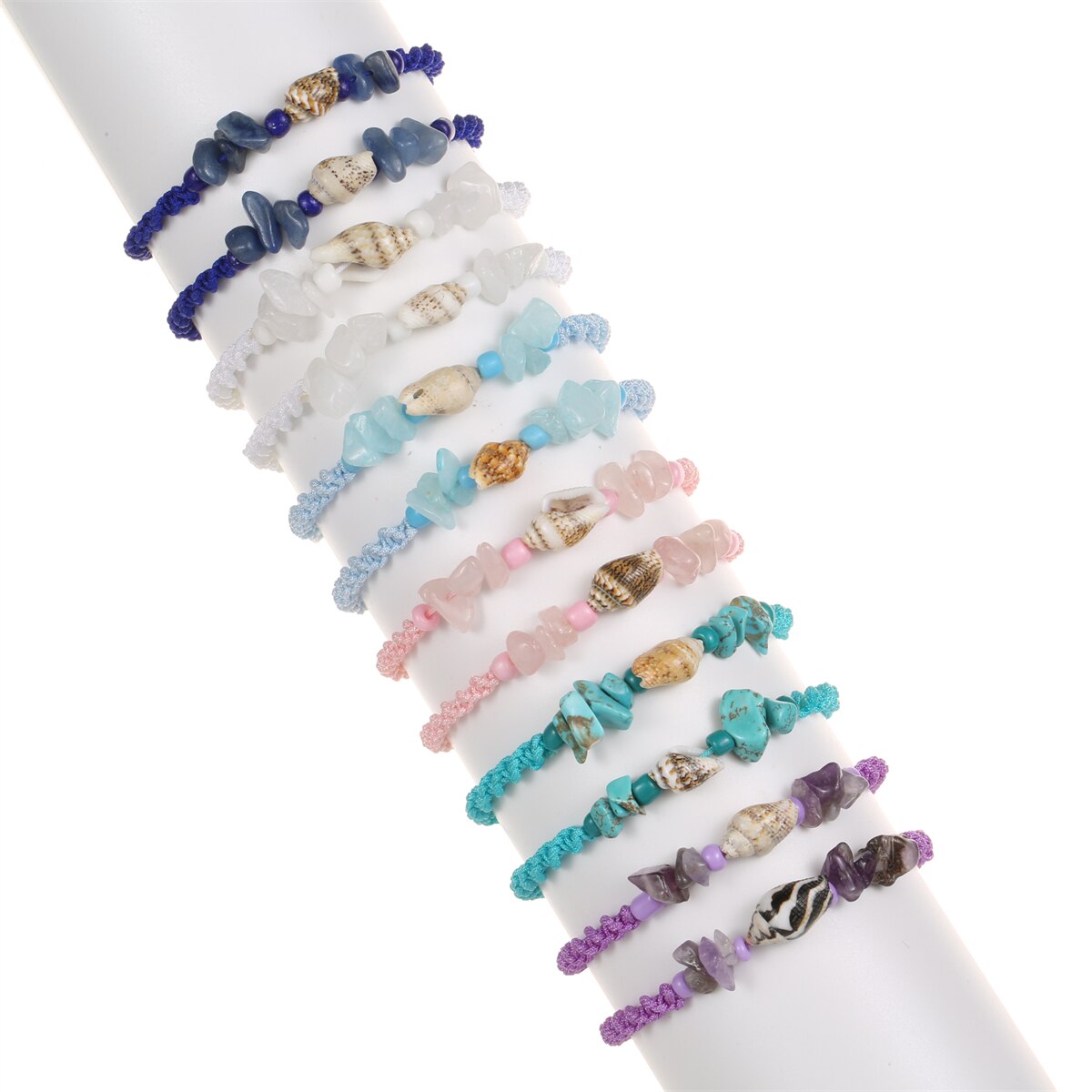 12pcs/lot Summer Surf Shell Conch Bracelet Women Men Natural Stone Amethyst Turquoise Healing Yoga Bracelet Jewelry