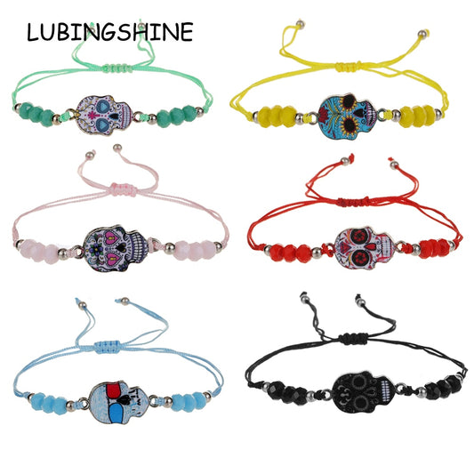 Enamel Skull Charms Elastic Bracelet for Women Adjustable Braided Rope Chain Rubber Band Wristband Jewelry Gift