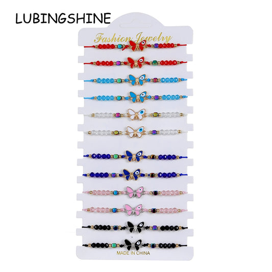 12pcs/lot Butterfly Evil Eye Braided Bracelets for Women Girls Animal Rhinestone Beads Adjustable Woven Rope Bracelet Jewelry