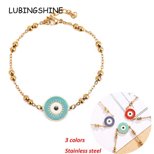 Turkey Stainless Steel Round Evil Blue Eye Charm Bracelet Gold Silver Color Brass Chain Bracelets for Women Men 2023 New